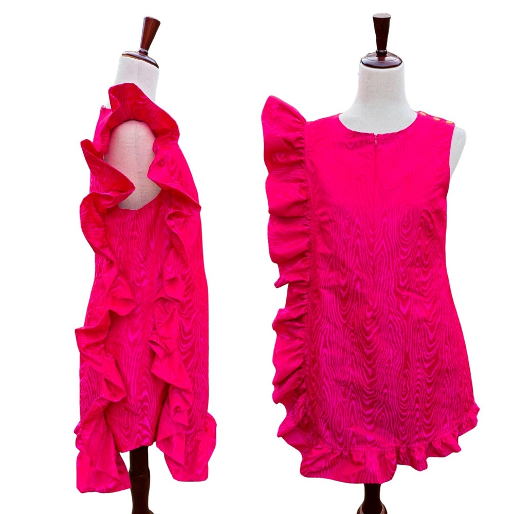 BURU Mod Pink Ruffle Dress Metallic Size Medium HOT PINK MINI DRESS Barbiecore